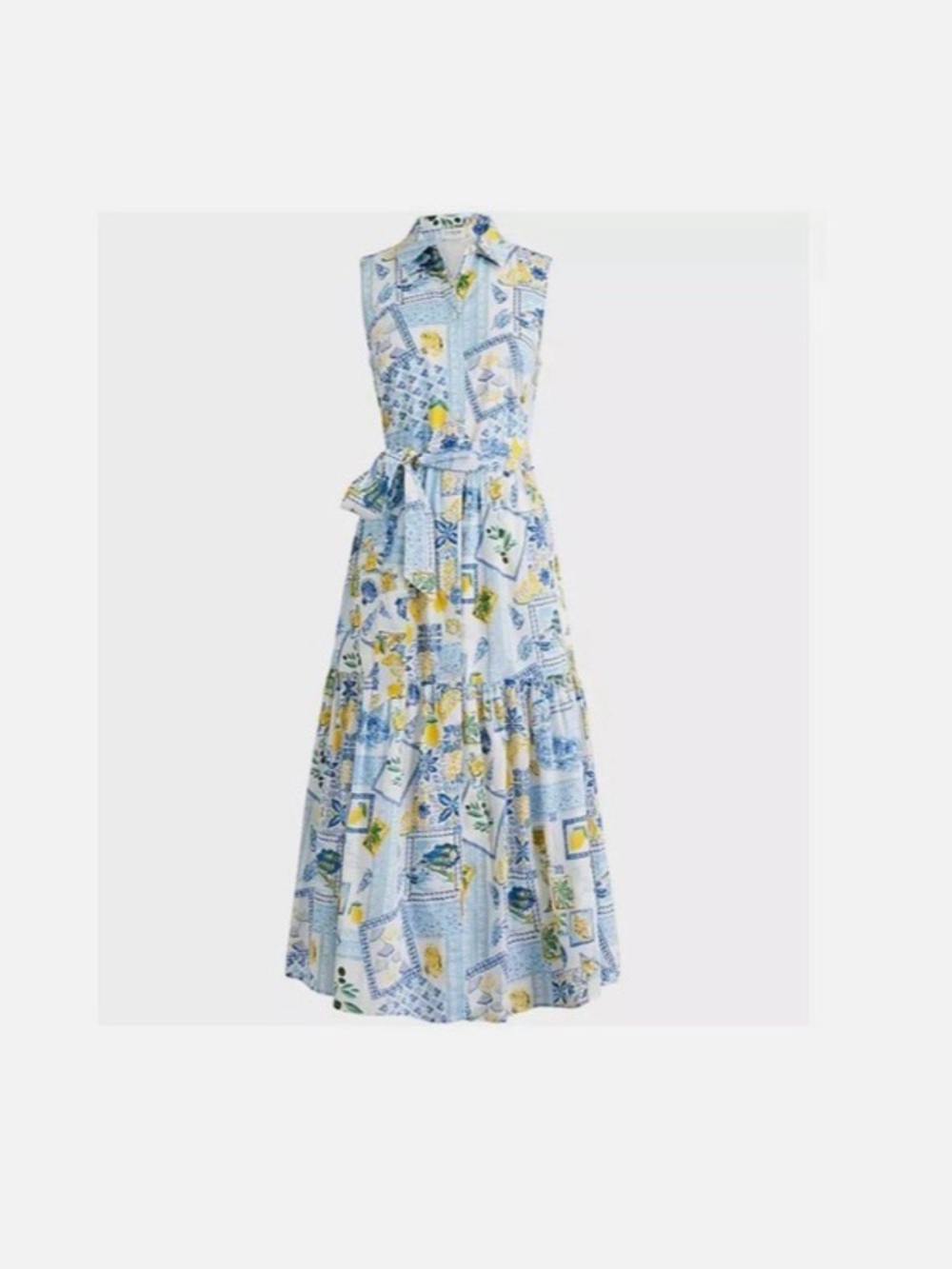 J. Crew Blue & Yellow Printed Collared Maxi Dress with tile and lemon detail.